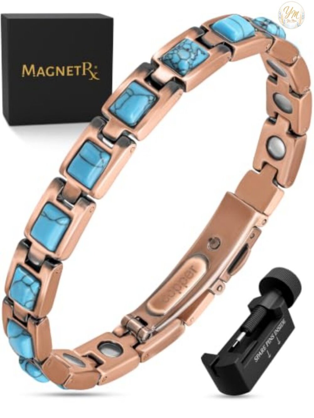 Copper Magnetic Bracelet for Women with Turquoise Stones, 8.4 Inches, Adjustable